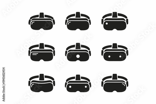 Set of nine virtual reality headset icons in black and white