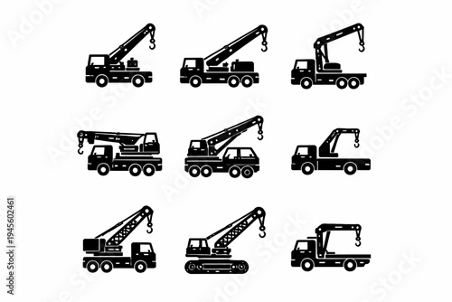Set of nine black silhouette crane truck icons for construction projects