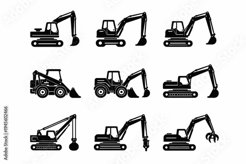 Variety of construction machinery silhouettes: excavators, loaders, cranes