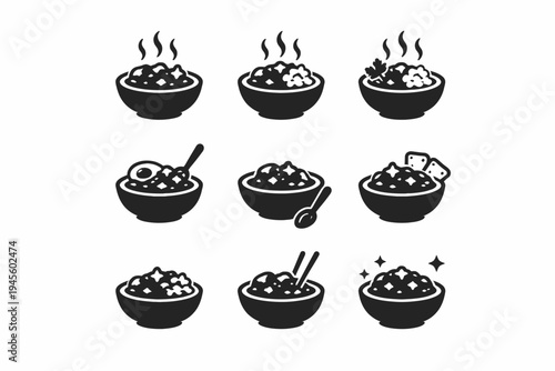 Variety of rice bowl icons: diverse styles and garnishes