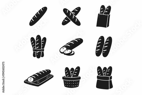 Collection of artisan bread illustrations: baguettes in various artistic styles