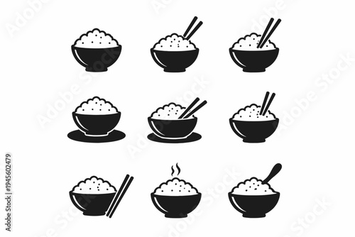 Set of nine bowls of rice with chopsticks and steam in minimalist style icons