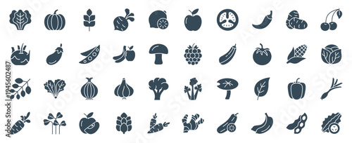 Vegetable icon set vector. A solid collection of healthy food, organic, fresh, and natural food symbols