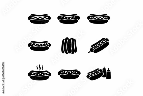 Black silhouette hot dog icons set with condiments on white background