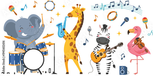 Cute Safari Animal Music Band with Elephant Giraffe Zebra and Flamingo Playing Instruments Cartoon Vector Illustration