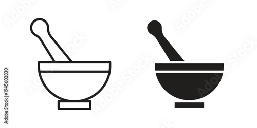 Mortar pestle icon vector pack. Thin linear and black flat style.