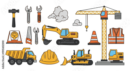Construction including excavators cranes trucks and tools on white background