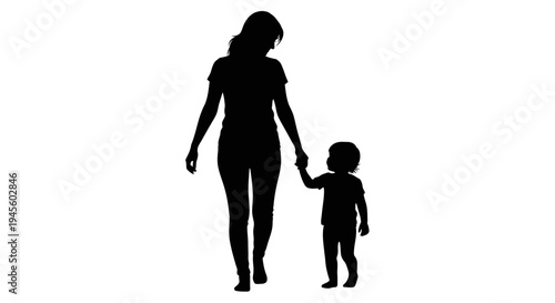 Silhouette of Mother and Child Holding Hands.