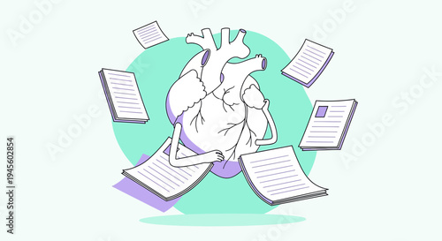Anatomical Heart with Documents Floating Around, Medical Research Concept
