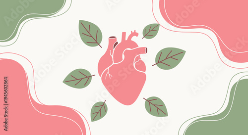 Anatomical Heart with Green Leaves, Health and Wellness Concept