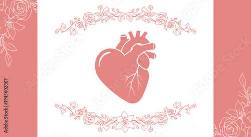 Anatomical Heart with Floral Frame - Health, Love, and Romance Concept