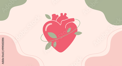 Anatomical Heart with Leaves and Swirls - Health and Wellness Concept