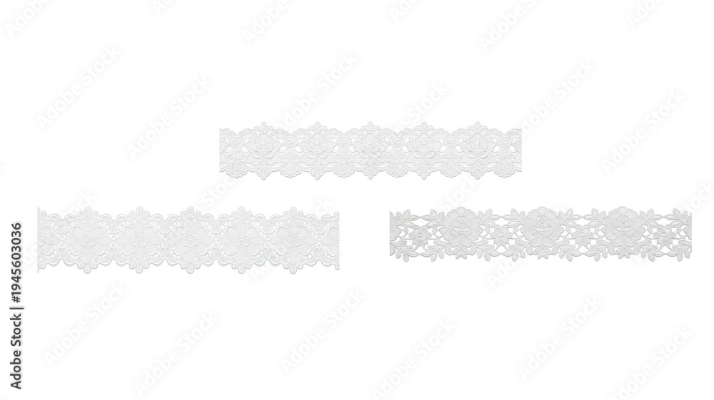 Fototapeta premium White lace decorative border isolated on white background, elegant textile ornament element.