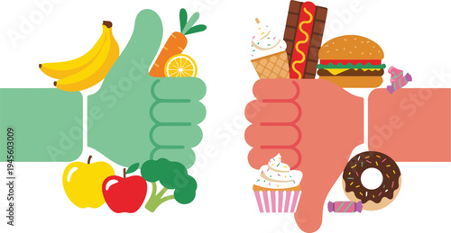 Thumbs up healthy fruits and vegetables versus thumbs down junk food burger sweets nutrition choice vector illustration