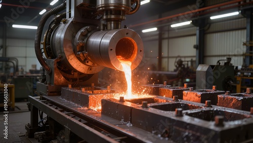 Molten bright orange metal poured from cylindrical container into dark heat-resistant molds in industrial workshop, highlighting metallurgy, precision, and large-scale production