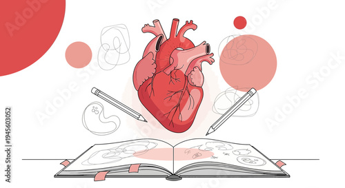 Anatomical Heart Drawing Above Open Sketchbook, Medical Art Concept