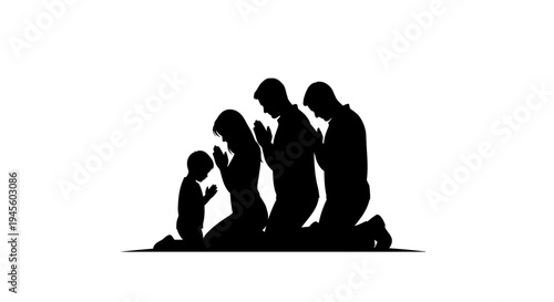 Silhouetted Family Members Kneeling in Prayer Together.