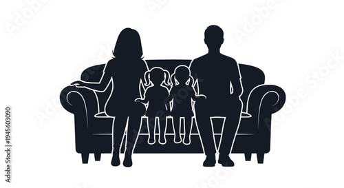 Silhouetted Family Standing Near Couch Together.