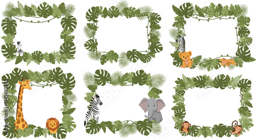 Jungle Animal Photo Frames Set with Tropical Leaves Lion Elephant Zebra Giraffe and Monkey Cartoon Vector Illustration