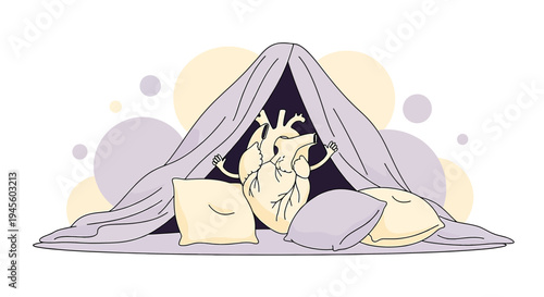 Anatomical Heart in Cozy Blanket Fort with Pillows, Love and Comfort Concept
