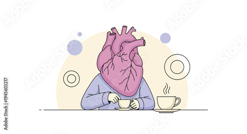 Anatomical Heart Person Drinking Coffee, Abstract Concept