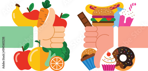 Thumbs up healthy fruits and vegetables versus thumbs down junk food burger sweets nutrition choice vector illustration