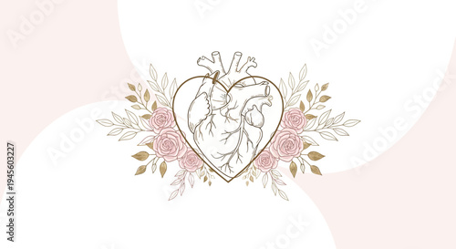 Anatomical Heart in Floral Frame with Roses and Leaves