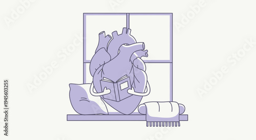 Anatomical Heart Reading Book on Windowsill, Creative Concept of Love for Knowledge