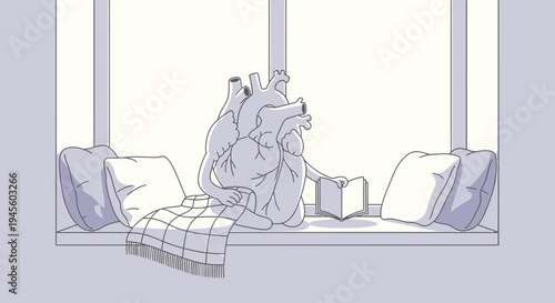 Anatomical Heart Sculpture on Window Seat with Pillows and Blanket