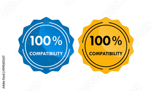 Professional 100% compatibility seal logo featuring blue and yellow circular badge designs. Perfect for software, hardware, and industrial quality assurance certification.