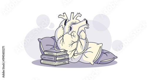 Anatomical Heart Resting on Pillows with Books, Symbolizing Health and Knowledge