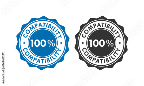 Professional 100% compatibility seal logo featuring blue and black circular badge designs. Perfect for software, hardware, and industrial quality assurance certification.