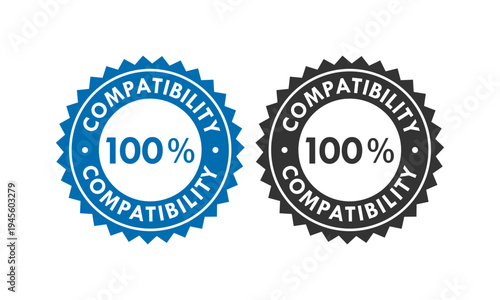 Professional 100% compatibility seal logo featuring blue and black circular badge designs. Perfect for software, hardware, and industrial quality assurance certification.