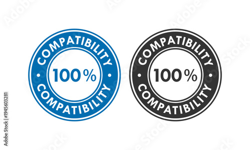 Professional 100% compatibility seal logo featuring blue and black circular badge designs. Perfect for software, hardware, and industrial quality assurance certification.