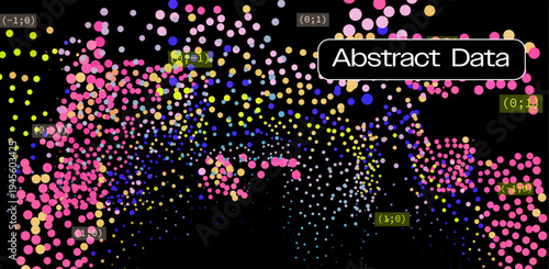 Vibrant multicolored data points in pink yellow blue scattered on black background with coordinate labels and Abstract Data title. Conceptual vector illustration for futuristic abstract data.