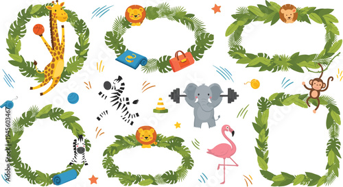 Cute Jungle Animal Photo Frames with Lion Elephant Zebra Giraffe Monkey and Flamingo Tropical Leaves Vector Set
