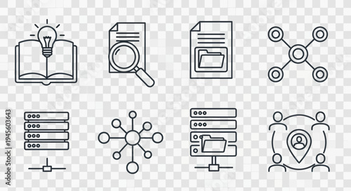 Set of icons representing data management, network, and business.