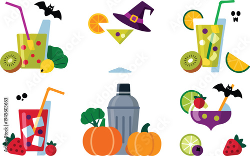 Halloween cocktail drinks collection spooky party beverages with pumpkins ghosts and festive decoration vector illustration set