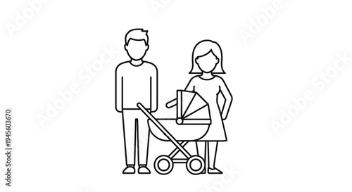 Simple Line Drawing of Couple Pushing Stroller.