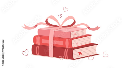 Stack of books tied with a pink ribbon and surrounded by hearts.