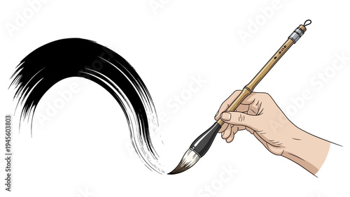 Hand holding a calligraphy brush creating an ink stroke.