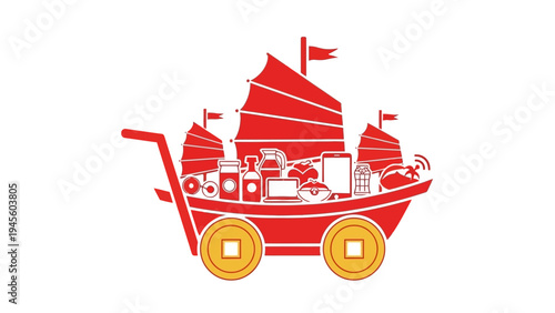Red shopping cart designed as a junk boat filled with products