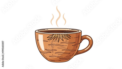 Steaming hot coffee in a decorative brown mug.