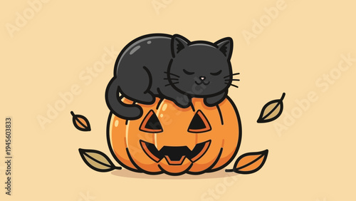 Cute black cat sleeping on a Halloween pumpkin.