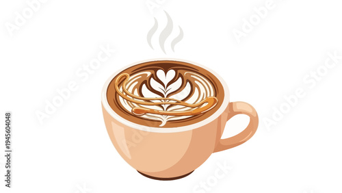 Steaming latte with intricate caramel art in a cup