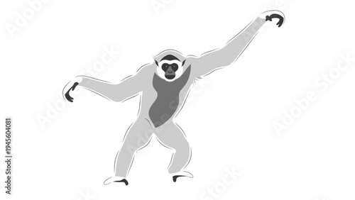 Illustration of a gray gibbon with arms outstretched on a white background.
