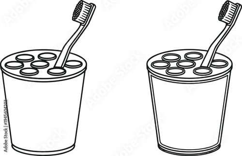 Vector illustration of toothbrush in cup with circular compartments in black‑and‑white line art for design and educational artwork