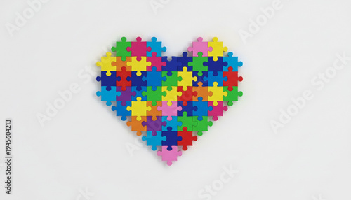 Colorful puzzle pieces forming heart shape symbol for autism awareness and neurodiversity concept