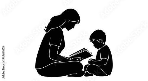 Woman and Child Reading Together Silhouette.