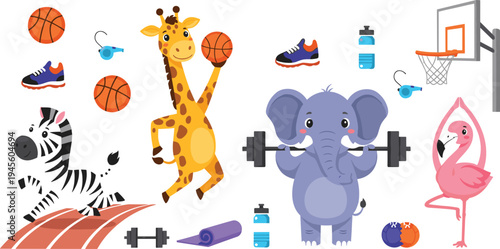 Cute Safari Animals Playing Sports with Zebra Giraffe Elephant and Flamingo Fitness Basketball Cartoon Vector Illustration